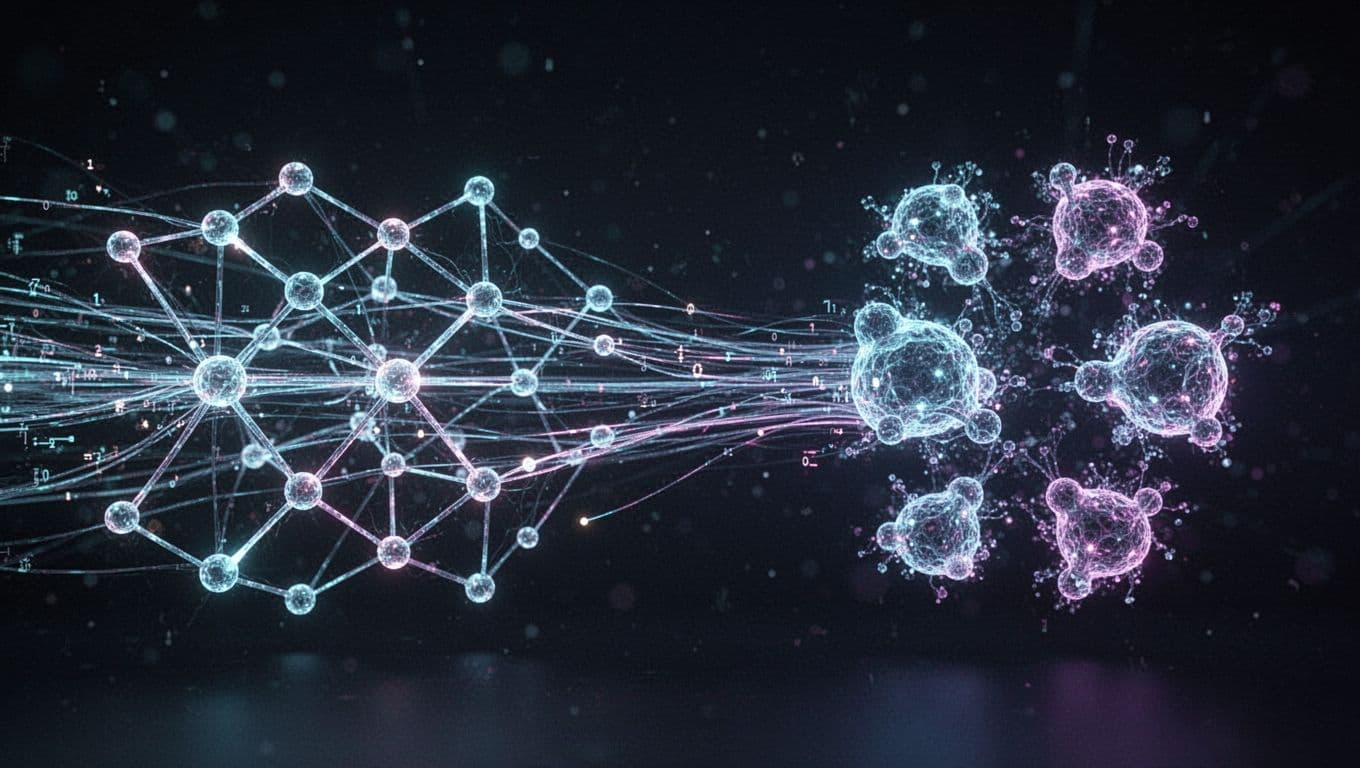 Abstract visualization of an AI learning process featuring neural network nodes connected by glowing lines, with data streams entering from the left and probabilistic outputs on the right, set against a dark background in blue and purple tones.