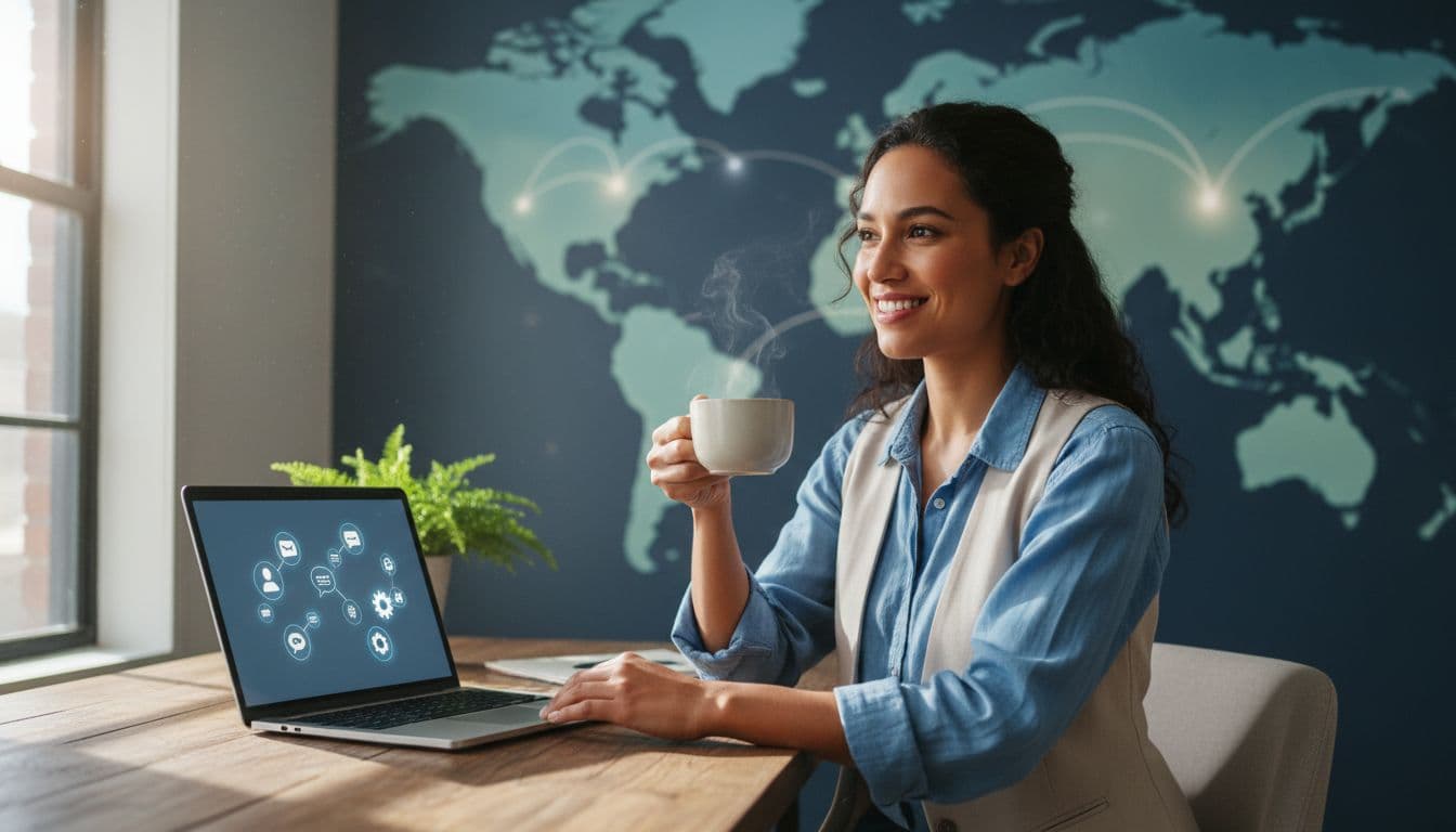 A diverse professional sits in a home office connecting globally, with a subtle world map background and laptop displaying vague collaboration icons, holding a coffee in an optimistic mood under natural light.