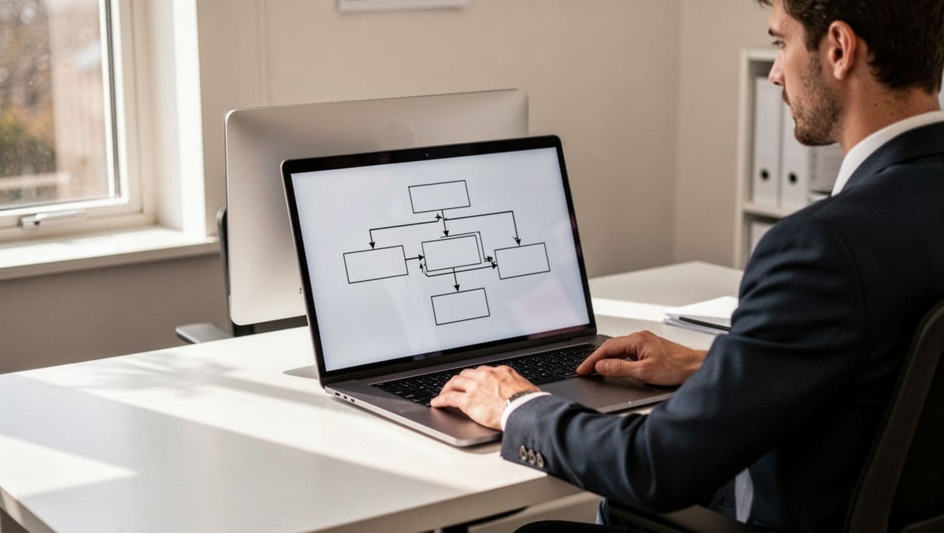 A clean office desk features a computer displaying a simple if-then logic diagram with arrows and boxes in traditional flowchart software, reviewed by one person under natural daylight.