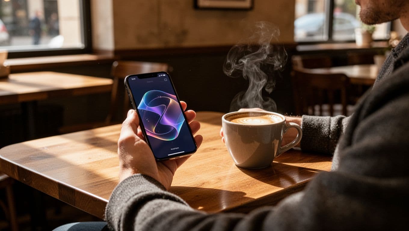 A relaxed person at a cafe table uses their phone to generate text like a short story prompt on the screen, with a coffee cup nearby under warm lighting.