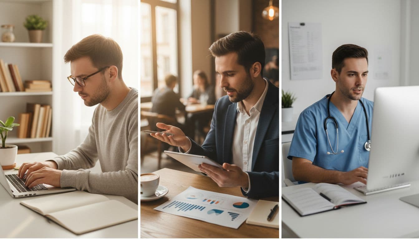 Split scene of three remote workers: software developer coding in home office, digital marketer analyzing data on tablet in cafe, and telemedicine nurse on video consult in clinic, realistic style with warm lighting.