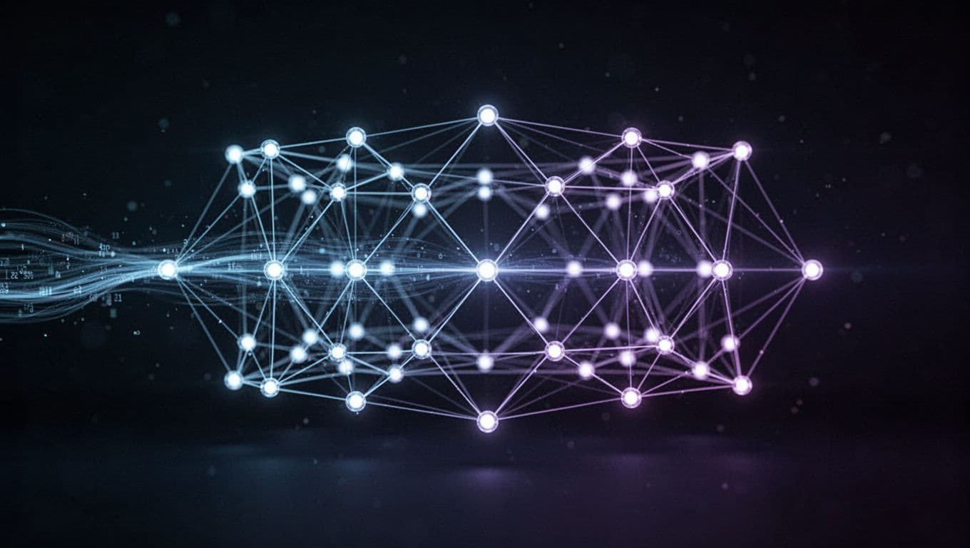 Glowing nodes connected by lines forming layers in a neural network, with data flowing from left to right on a dark background in blue and purple tones, abstract digital art style.