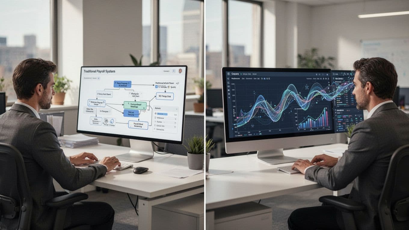 Split office scene comparing rigid flowchart for traditional payroll software on the left desk to flexible AI model predicting sales trends from charts on the right desk, realistic photo with natural lighting.